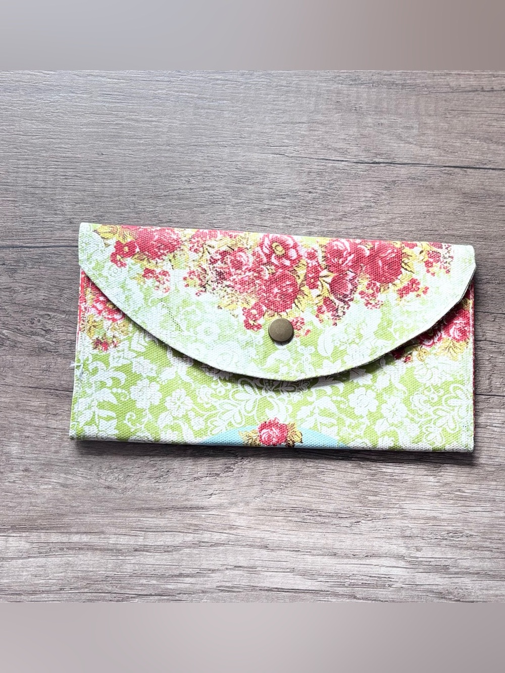 Floral Snap-Front Clutch Wallet in Green and Pink